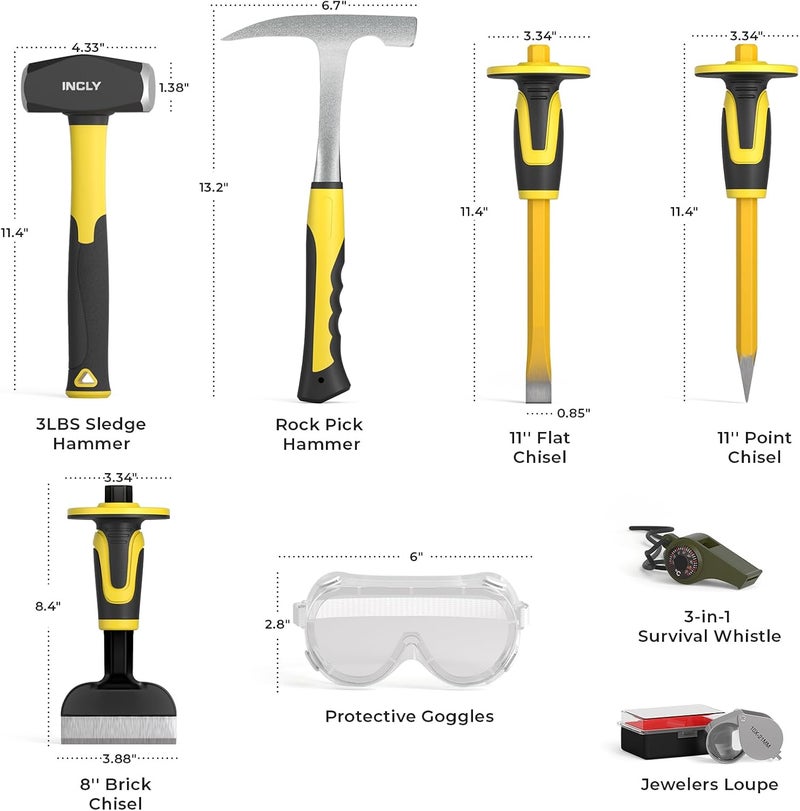 INCLY 8PCS Geology Rock Pick Equipment Kit, 3lb Sledge & 32oz Rock Hammer with 3PCS Concrete Chisel, Safety Goggles, Jewelers Loupe, Rock Hounding Equipment for Splitting, GoldMining, Stone Breaking - Image 2